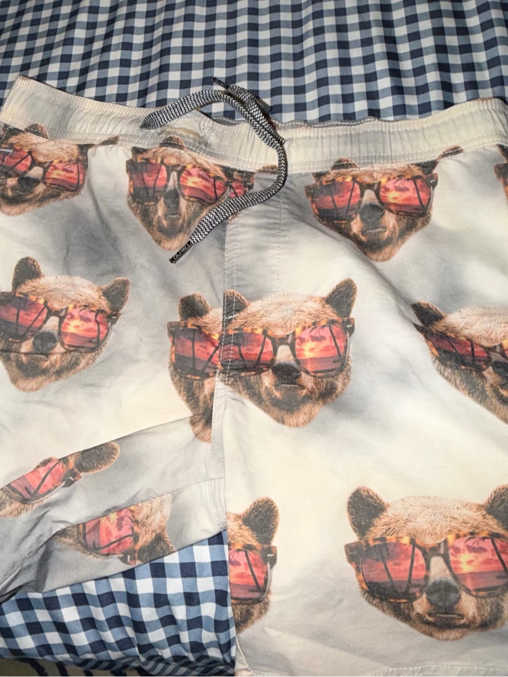 Men's Cream Bear Print Swim Trunks with Pink-Orange Sunglasses